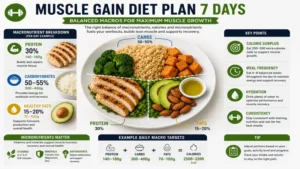 balanced macronutrients in a muscle gain diet plan 7 days with protein carbohydrates and healthy fats