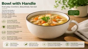 Bowl with handle placed on a wooden table ready for serving warm homemade food
