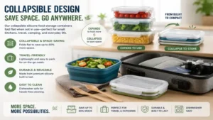 silicone food storage containers featuring a collapsible design for compact storage, travel convenience, and space-saving organization