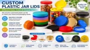 custom plastic jar lids available with various colors, sizes, and closure options