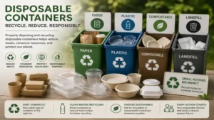 Disposable containers sorted for recycling, composting, and responsible waste management to reduce environmental impact
