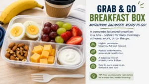 healthy breakfast ideas on the go with a grab-and-go breakfast box including eggs, fruit, cheese, yogurt, and mixed nuts