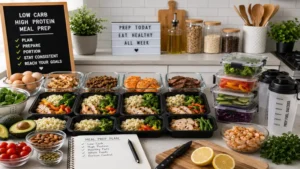 Home kitchen setup for low carb high protein meal prep with meal containers, ingredients, and storage boxes