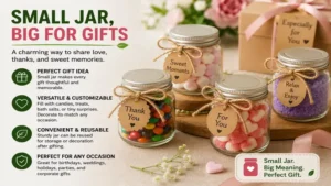 small jar decorated as a gift container filled with treats and party favors