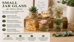 Small jar glass incorporated into home decor with flowers and decorative accents