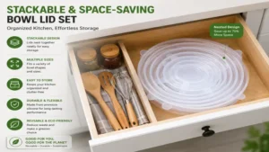 Stackable bowl lid set neatly organized in a kitchen drawer for space-saving storage