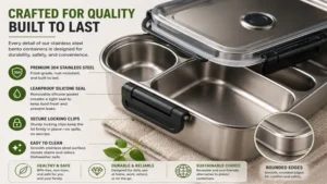 close-up view of stainless steel bento containers highlighting durable construction and secure lids