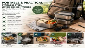 stainless steel lunch box containers with portable design for travel, office, school, and outdoor use