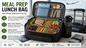 Travel-ready meal prep lunch bag with insulated storage for meals on the go