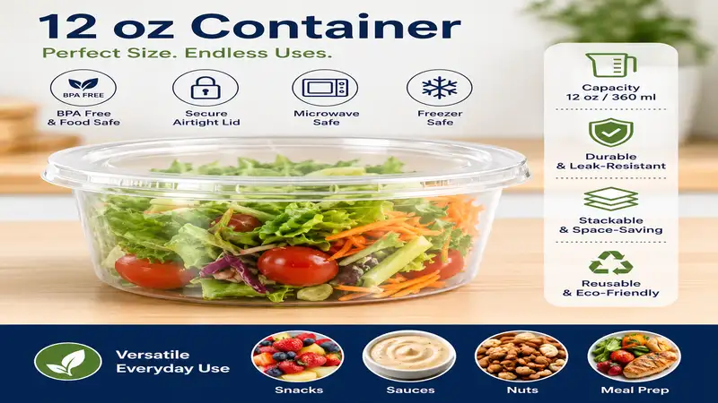 Clear plastic 12 oz container with secure lid for food storage and meal prep.