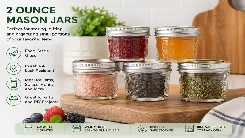 2 ounce mason jars arranged on a kitchen counter for storing spices, jams, and homemade products