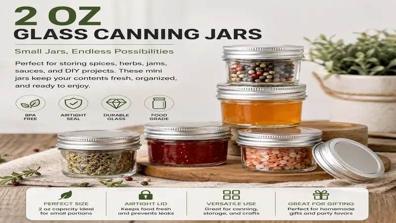 2 oz glass canning jars with airtight lids arranged for food storage, preserving, and DIY projects