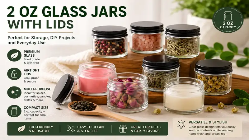 2 oz glass jars with lids displayed in various styles for storing spices, herbs, cosmetics, and DIY products.