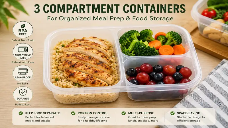 3 compartment containers for organized meal prep and food storage