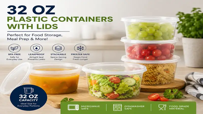 32 oz plastic containers with lids for secure food storage and meal prep