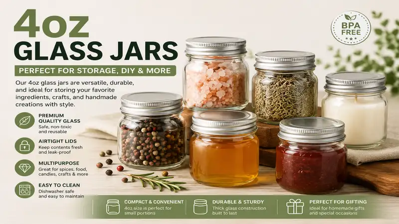 4oz glass jars with airtight lids for storing spices, honey, jam, candles, and crafts