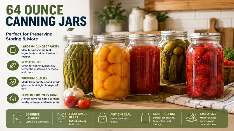 64 ounce canning jars filled with fresh fruits and vegetables on a rustic kitchen countertop for home food preservation.