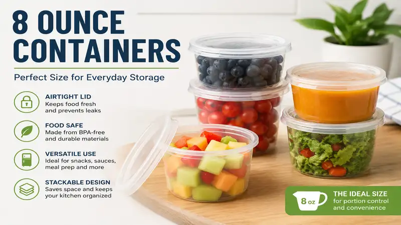 Clear plastic 8 ounce containers with secure lids for food storage and meal prep