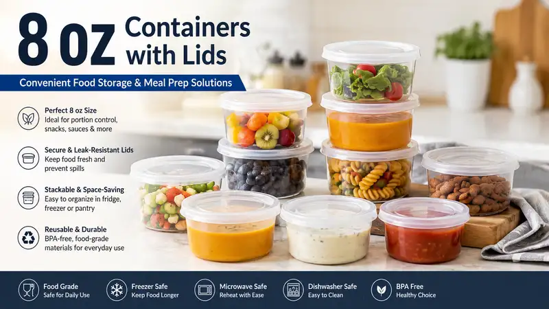 8 oz containers with lids arranged neatly for food storage, meal prep, and takeaway use