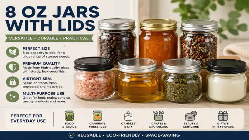8 oz jars with lids displayed in different styles for pantry storage, food preservation, crafts, and everyday organization.