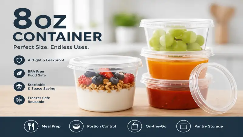 8oz container for food storage with secure lid on a clean kitchen countertop