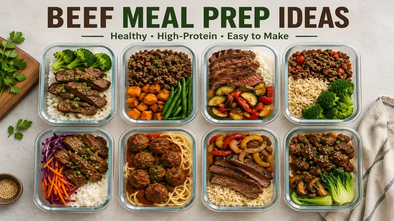 beef meal prep ideas with healthy beef, rice, and vegetables prepared in meal prep containers
