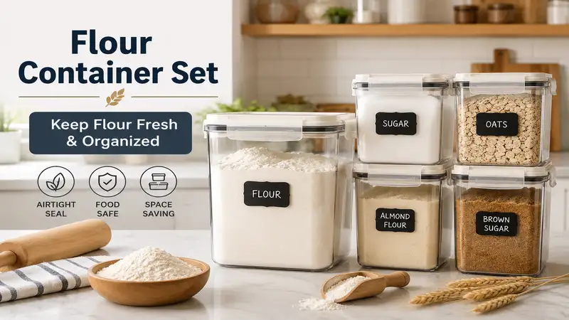 flour container set with airtight storage containers for organizing baking ingredients in a modern kitchen