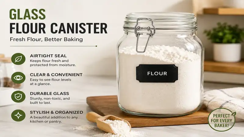 Glass flour canister with airtight lid storing fresh baking flour on a kitchen countertop