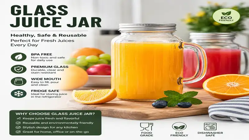 Glass juice jar with fresh fruit juice on a modern kitchen countertop