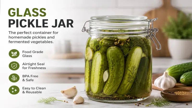 Glass pickle jar filled with homemade pickles on a kitchen countertop