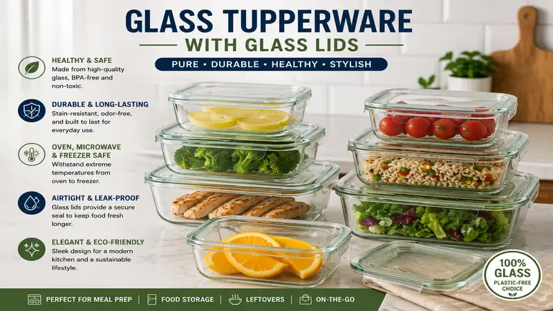 Glass tupperware with glass lids arranged neatly on a kitchen counter for food storage and organization