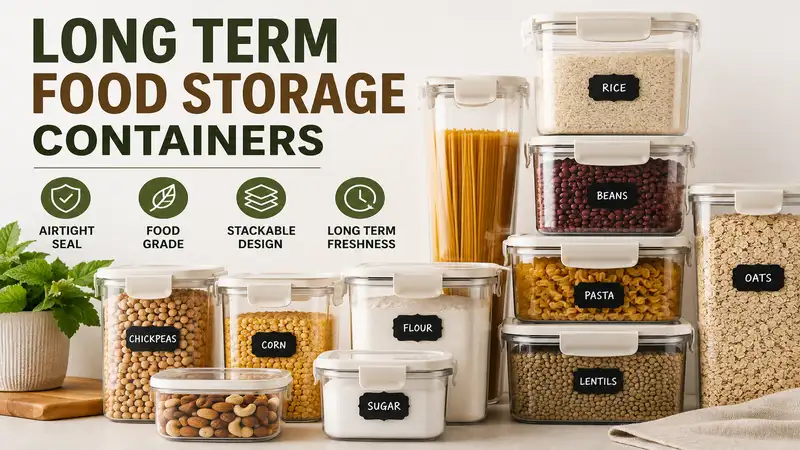 Long term food storage containers for keeping dry foods fresh and organized
