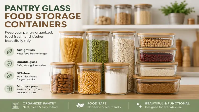 pantry glass food storage containers neatly organized on kitchen shelves for dry food storage