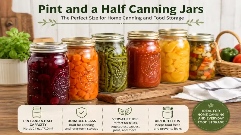 Pint and a half canning jars filled with homemade preserves on a kitchen countertop