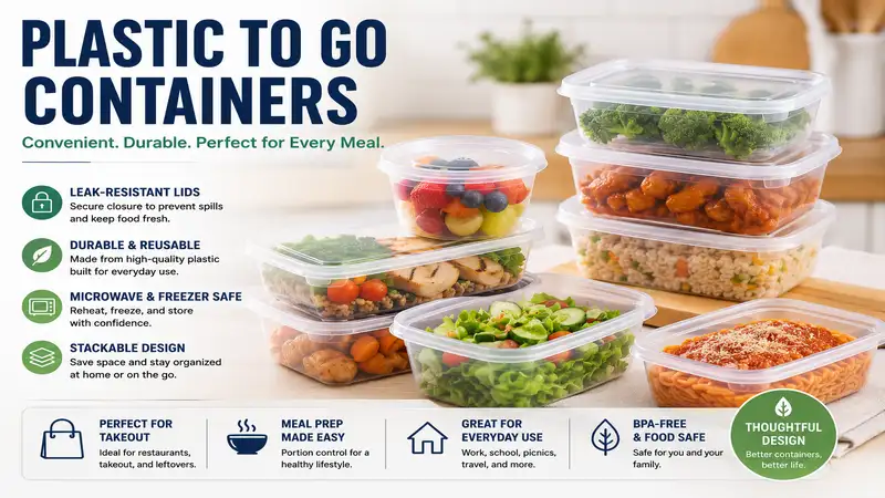 Plastic to go containers for food storage, takeout meals, and meal prep organization