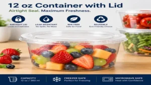Transparent 12 oz container with airtight lid for keeping food fresh.