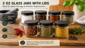 2 oz glass jars with lids filled with colorful spices for organized kitchen storage.