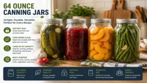 64 ounce canning jars with airtight lids ready for preserving homemade jams, pickles, and sauces.
