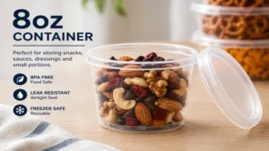 Clear 8oz container designed for storing snacks, sauces, and meal prep ingredients