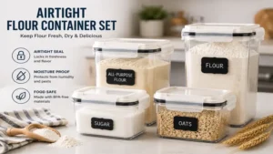Airtight flour container set designed to keep flour fresh, dry, and protected from moisture
