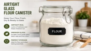 Airtight glass flour canister keeps flour fresh dry and ready for baking