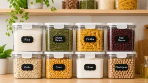 Airtight long term food storage containers filled with rice, beans, and pasta