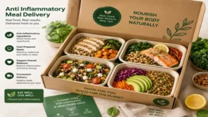 Fresh anti inflammatory meal delivery box containing balanced meals made with whole foods and healthy ingredients