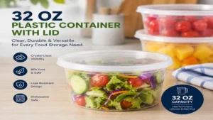 Clear 32 oz plastic containers with lids for storing fresh food and leftovers