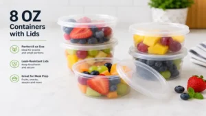 Clear 8 oz containers with lids filled with fresh fruit for convenient storage