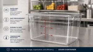 Clear lexan container with measurement markings for ingredient storage