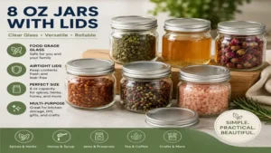 Clear glass 8 oz jars with lids ideal for storing spices, herbs, honey, and homemade preserves.