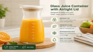 Glass juice container with airtight lid designed to keep homemade juice fresh longer