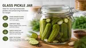 Glass pickle jar used for storing fresh cucumber pickles at home