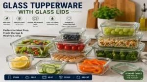 Glass tupperware with glass lids filled with fresh ingredients for convenient meal prep and storage